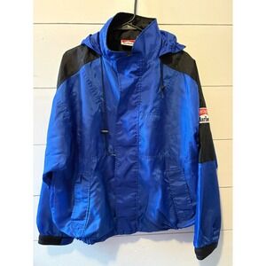 Vintage Marlboro Unlimited Mens Blue Black Windbreaker Jacket Hooded Large L